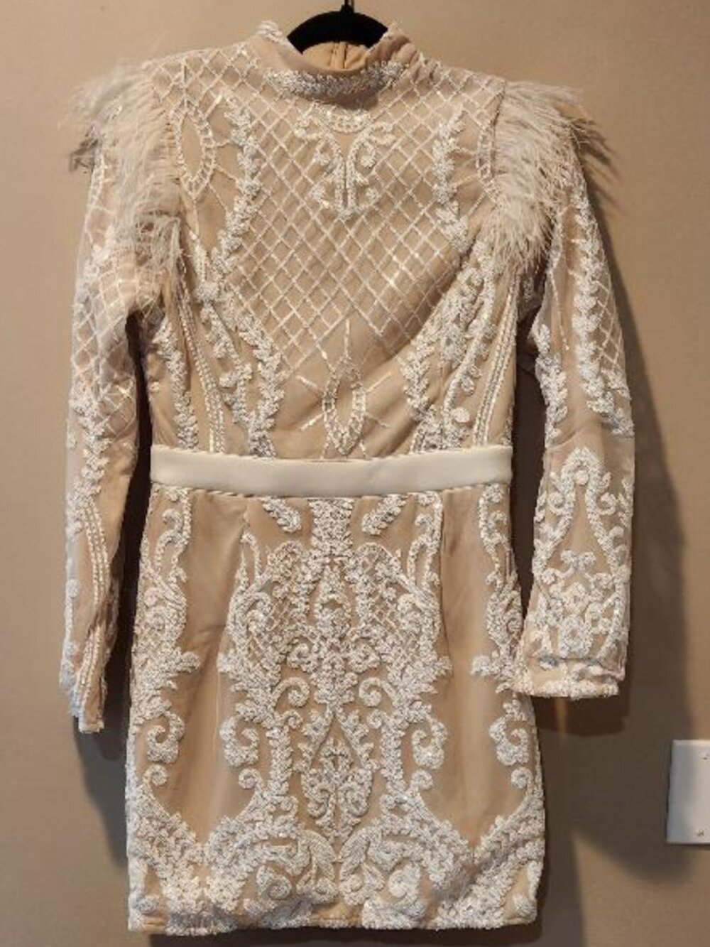 Pretty Little Thing Long Sleeve Beige Mini Dress White Embroidered Lace